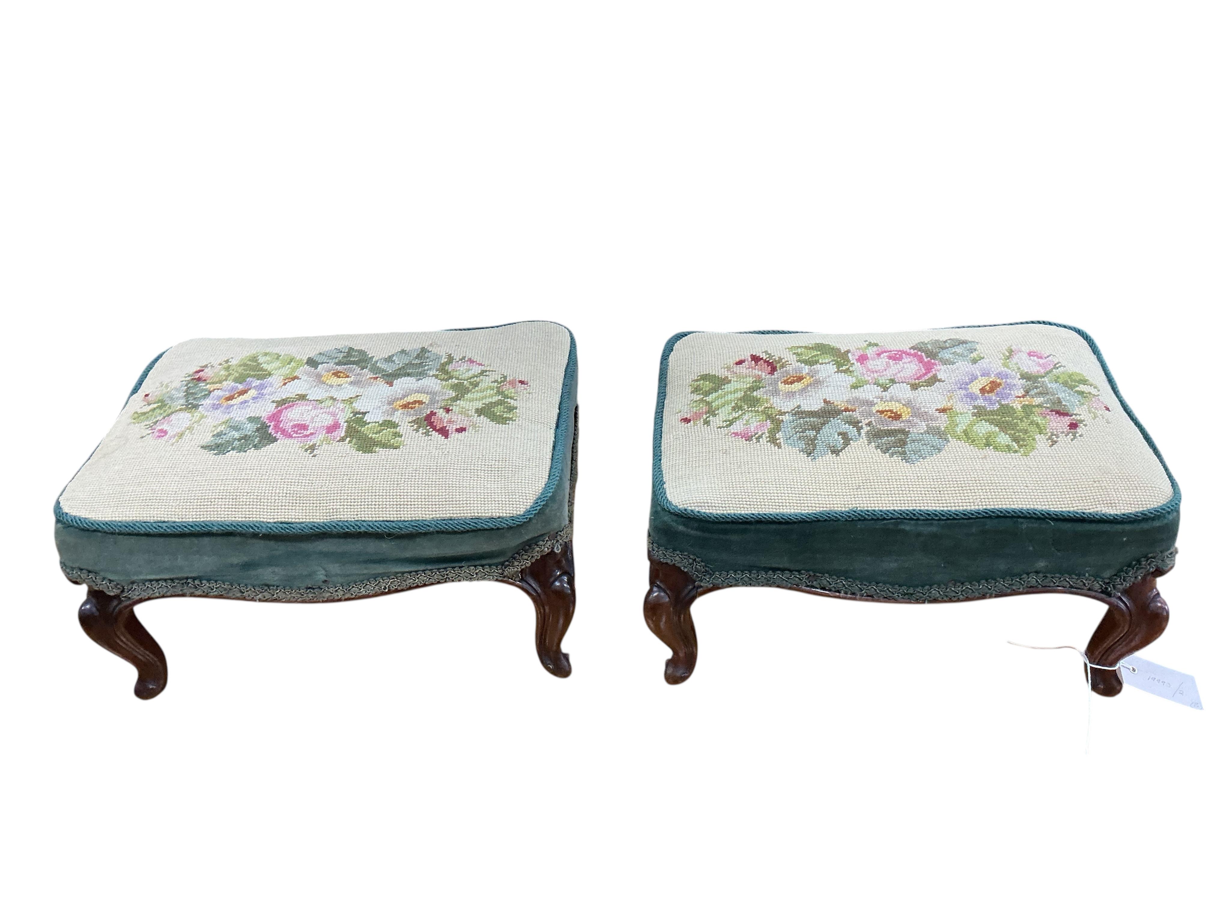 A pair of Victorian rectangular rosewood tapestry footstools, width 37cm, depth 29cm, height 19cm